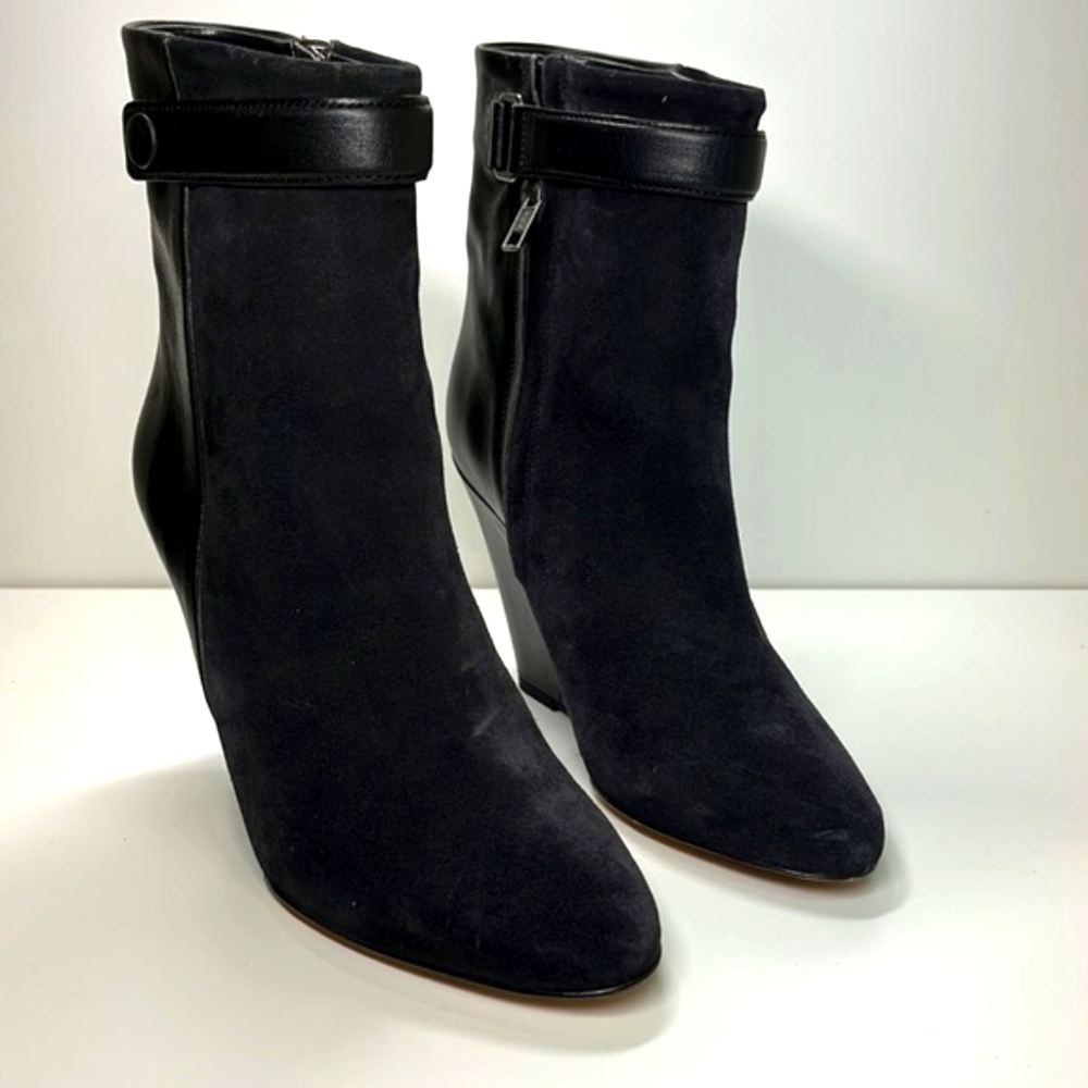 ISABEL MARANT Leather & Suede Purdey Wedge Booties – Black (Size 37 / US 6.5)